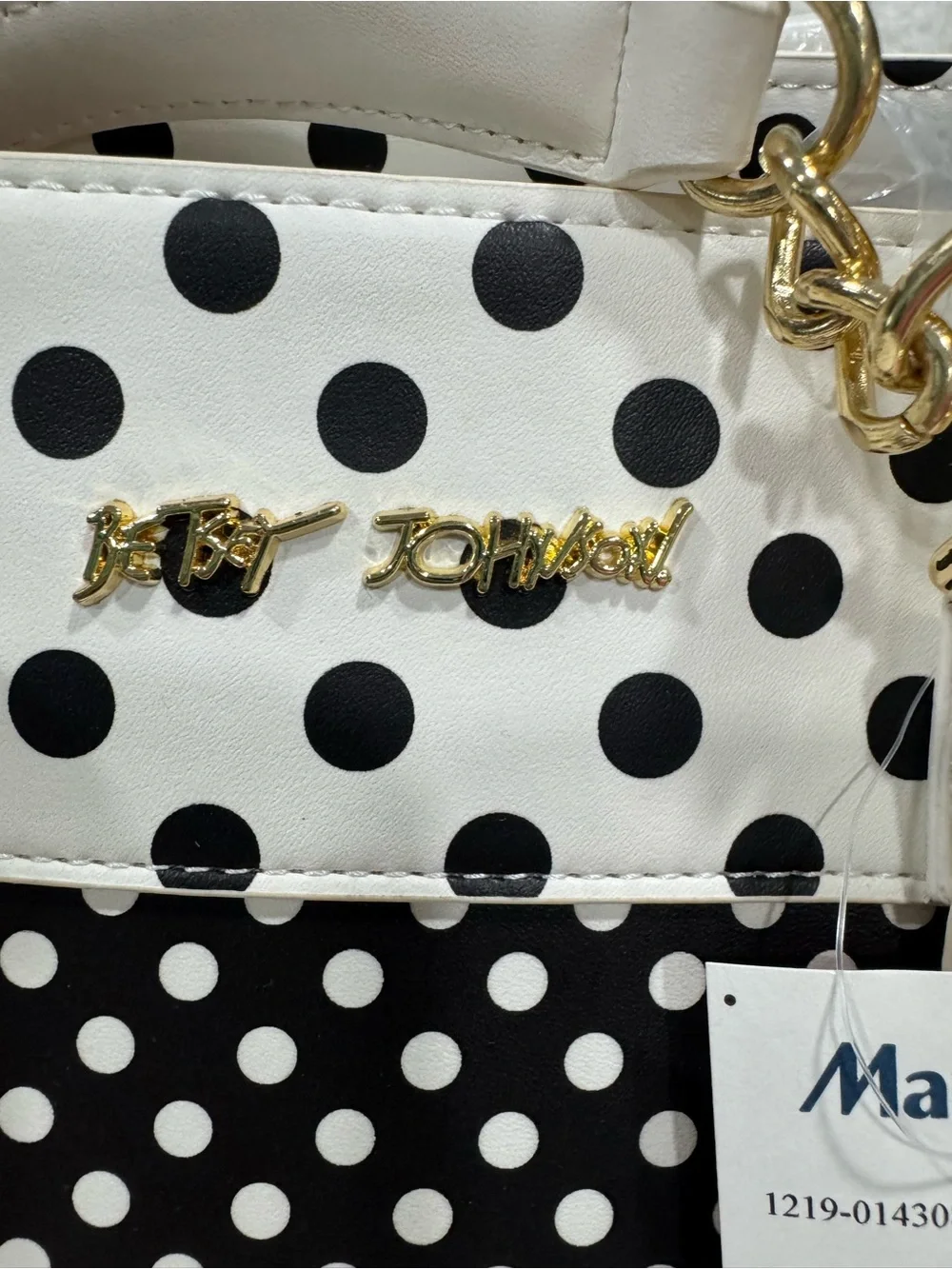 Betsey Johnson Black & White Polka Dot Satchel with Pink Heart Charm